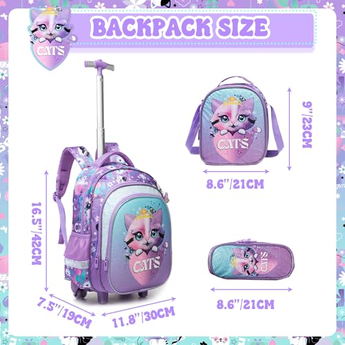 Meetbelify Cute Cat Girls Rolling Backpack with Wheels Kids Luggage for Elementary Students Trolley Trip Carry On Bag for Girls Ages 6-8 - Image 2