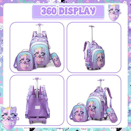 Meetbelify Cute Cat Girls Rolling Backpack with Wheels Kids Luggage for Elementary Students Trolley Trip Carry On Bag for Girls Ages 6-8 - Image 3