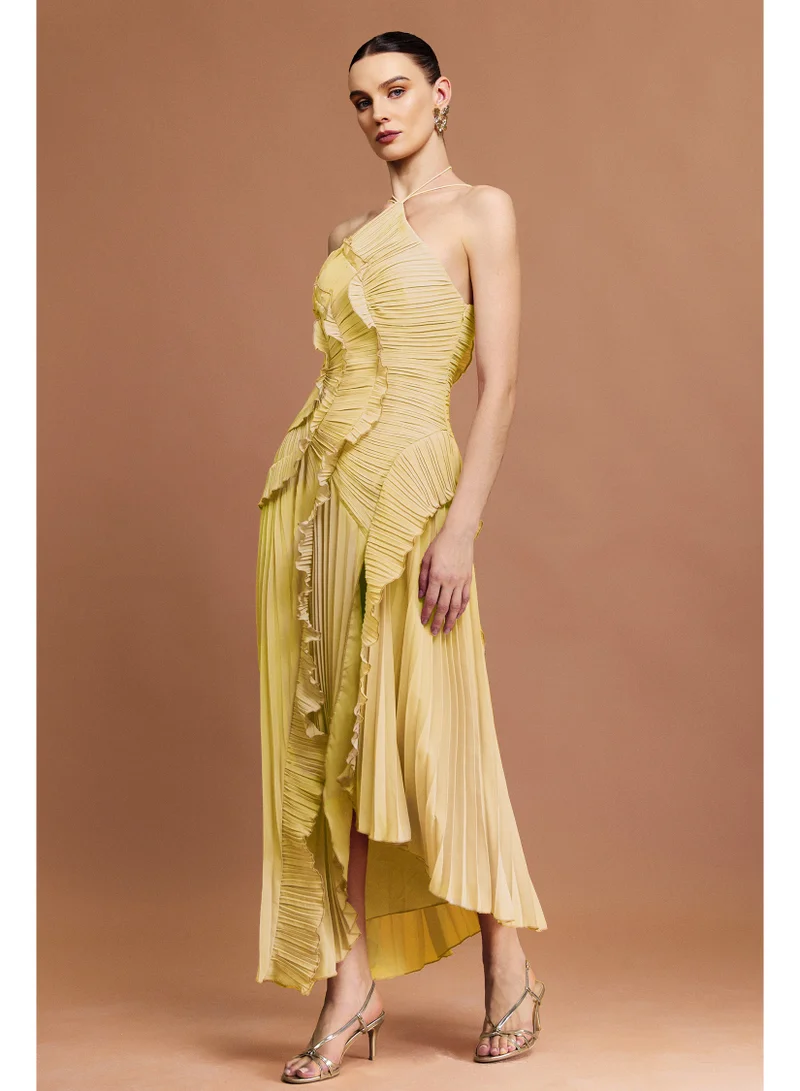 Bella Barnett Ravaza Sleeveless Folds Slit Yellow Maxi Dress