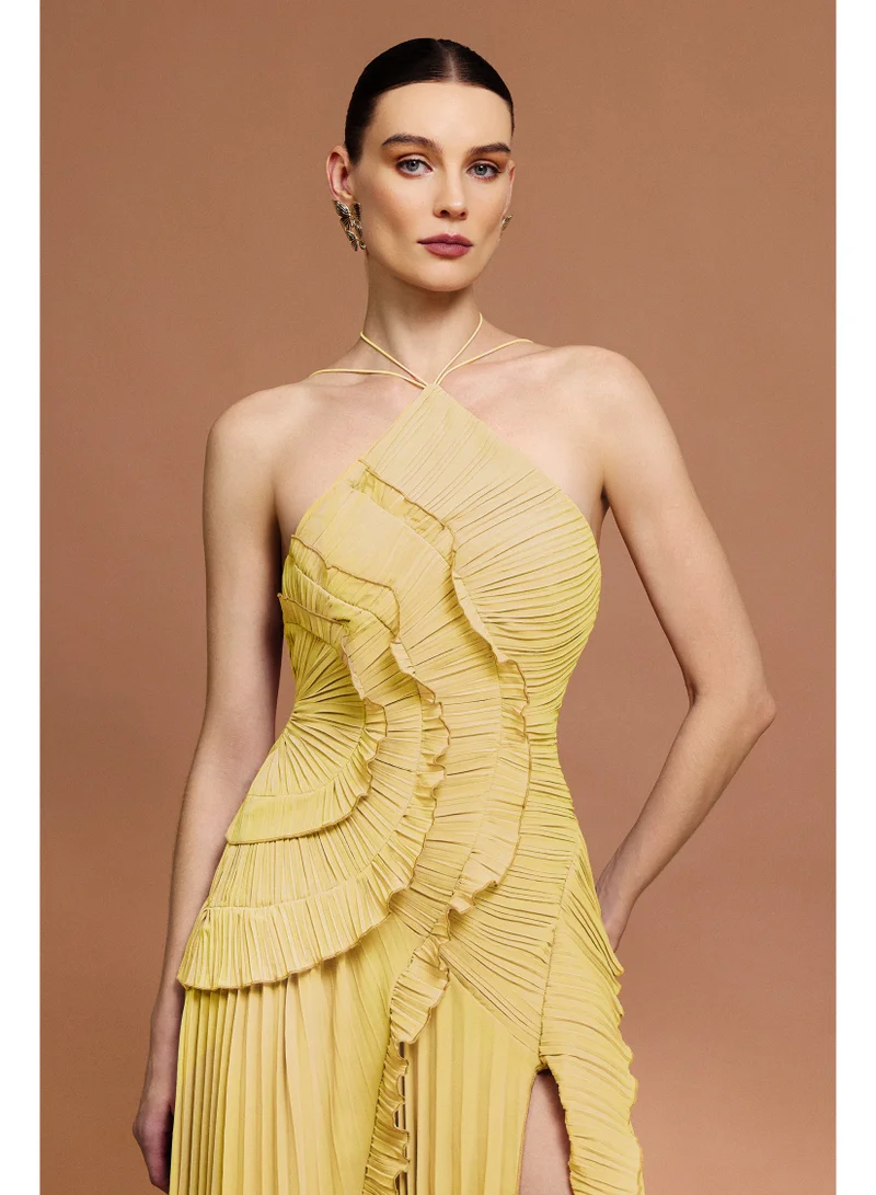 Bella Barnett Ravaza Sleeveless Folds Slit Yellow Maxi Dress
