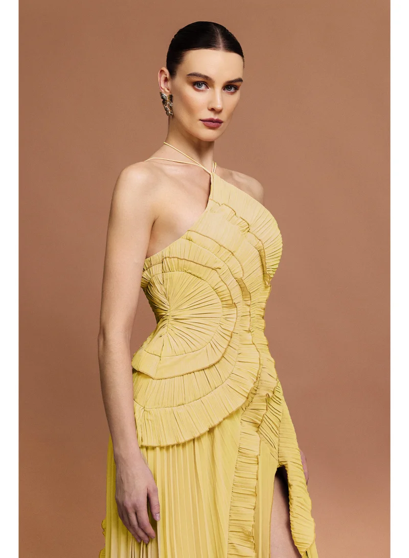 Bella Barnett Ravaza Sleeveless Folds Slit Yellow Maxi Dress