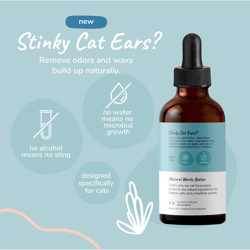 kin+kind Cat Ear Cleaner - Cat Ear Drops, Vet Ear Solution, Eliminates Wax, Odor and Itchy Irritation, Cat Ear Cleaner Solution, Natural in-Home Pet Grooming - Made in USA - Image 2
