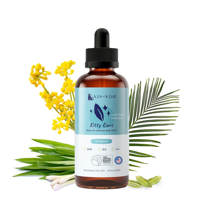 kin+kind Cat Ear Cleaner - Cat Ear Drops, Vet Ear Solution, Eliminates Wax, Odor and Itchy Irritation, Cat Ear Cleaner Solution, Natural in-Home Pet Grooming - Made in USA - Image 1