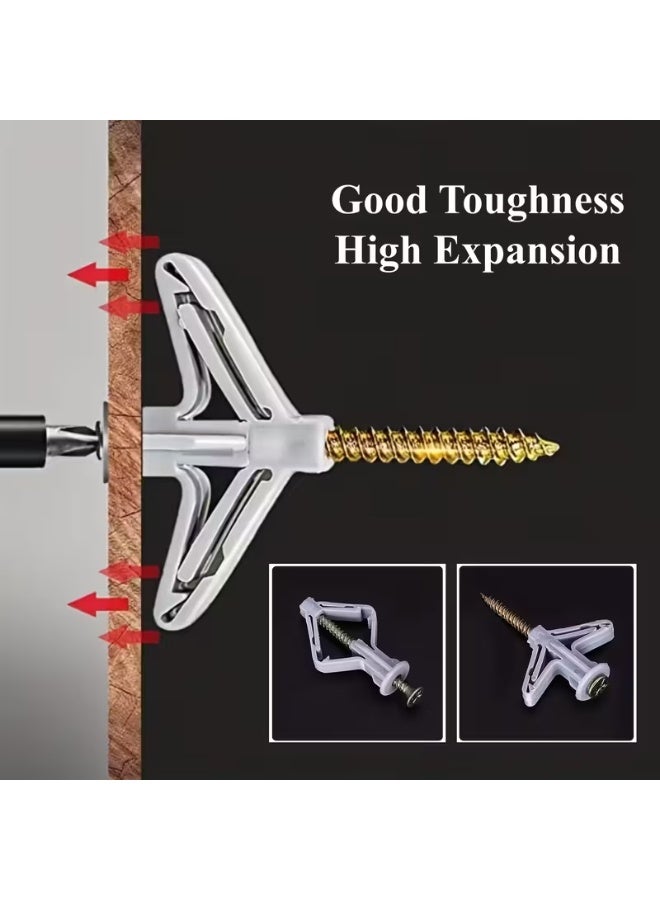 10 قطع مثبت حائط مراسي البلاستيكي للجبس مع 10 مسامير (( فيشر الجبس بورد )) مثبت الفراشة تستخدم هذه الادة في مشاريع التحسينات المنزلية اليدويه لتثبيت المسامير و الباراغي على الجدران المصنوعه من ألواح الجبس بورد عندما لا يكون خلف ألوح قائم خشبي او معدني سهل الاستخدام لأعمال اليدوية سواء في التعليق السقفي مثل الثريات و المصابيح الصغيره و حوامل الستائر السقفية او التعليق الحائطي الجداري مثل الوحات و المريا او الرفوف آلية عمله للتثبيت اولا عمل حفره بالجبس مسبقا بحجم المثبت استخدم ريشة دريل مقاس 8 مل ثم ادخال المثبت في الثقب يدويا او استخدام مطرقه خفيفة و صغيره حتي يصبح متساويا مع سطح الجبس و أخير يتم ربط البرغي بعدها يتمدد المثبت و ينفتح خلف الوح الجبشي بشكل فراشة ليثبت نفسة بإحكام علي الجبس - Image 4