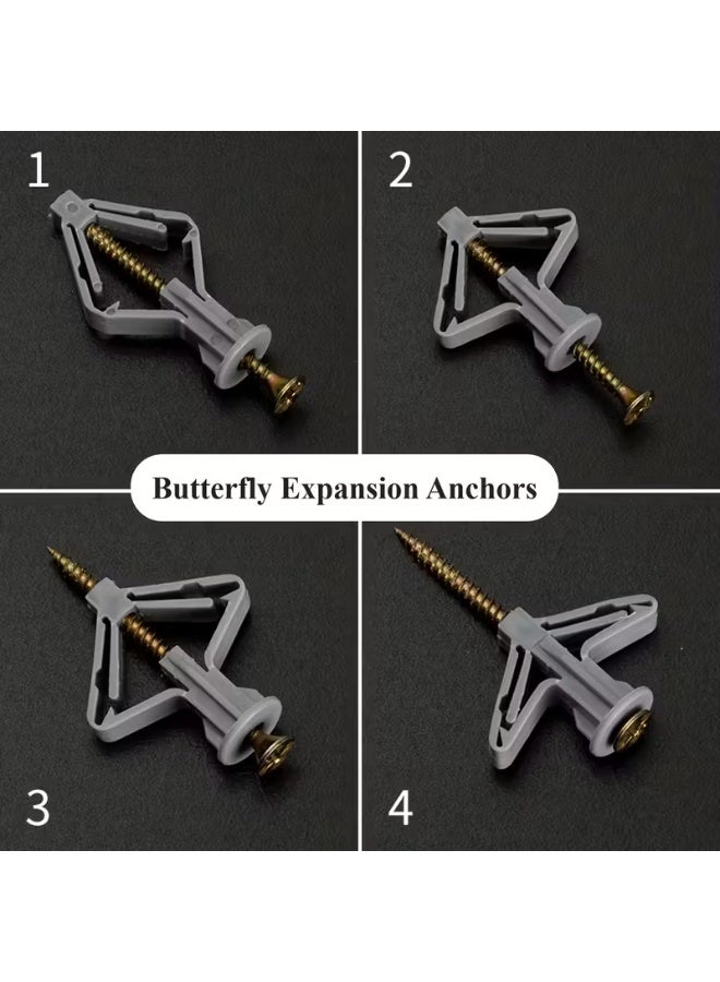 10 قطع مثبت حائط مراسي البلاستيكي للجبس مع 10 مسامير (( فيشر الجبس بورد )) مثبت الفراشة تستخدم هذه الادة في مشاريع التحسينات المنزلية اليدويه لتثبيت المسامير و الباراغي على الجدران المصنوعه من ألواح الجبس بورد عندما لا يكون خلف ألوح قائم خشبي او معدني سهل الاستخدام لأعمال اليدوية سواء في التعليق السقفي مثل الثريات و المصابيح الصغيره و حوامل الستائر السقفية او التعليق الحائطي الجداري مثل الوحات و المريا او الرفوف آلية عمله للتثبيت اولا عمل حفره بالجبس مسبقا بحجم المثبت استخدم ريشة دريل مقاس 8 مل ثم ادخال المثبت في الثقب يدويا او استخدام مطرقه خفيفة و صغيره حتي يصبح متساويا مع سطح الجبس و أخير يتم ربط البرغي بعدها يتمدد المثبت و ينفتح خلف الوح الجبشي بشكل فراشة ليثبت نفسة بإحكام علي الجبس - Image 3