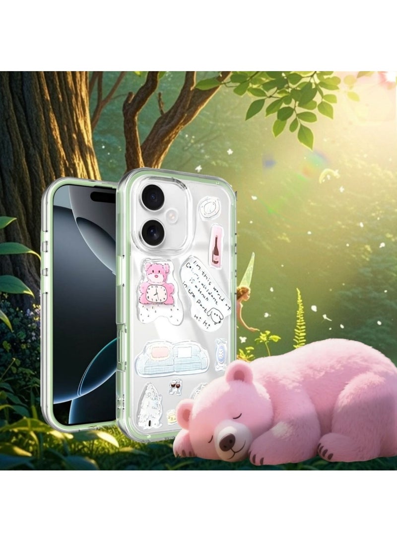 Clear Case for iPhone 16 – Shockproof Soft TPU Bumper Frame with Flexible Transparent Back, Crystle Pastel, Customizable with Kawaii Korean Bear Epoxy Resin Stickers (Matcha Green & Korean Bear Epoxy Resin Stickers) - Image 2