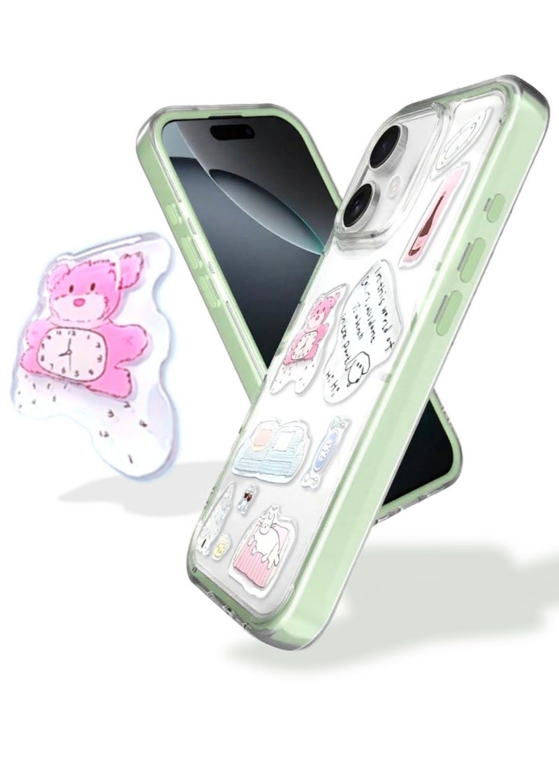 Clear Case for iPhone 16 – Shockproof Soft TPU Bumper Frame with Flexible Transparent Back, Crystle Pastel, Customizable with Kawaii Korean Bear Epoxy Resin Stickers (Matcha Green & Korean Bear Epoxy Resin Stickers) - Image 1