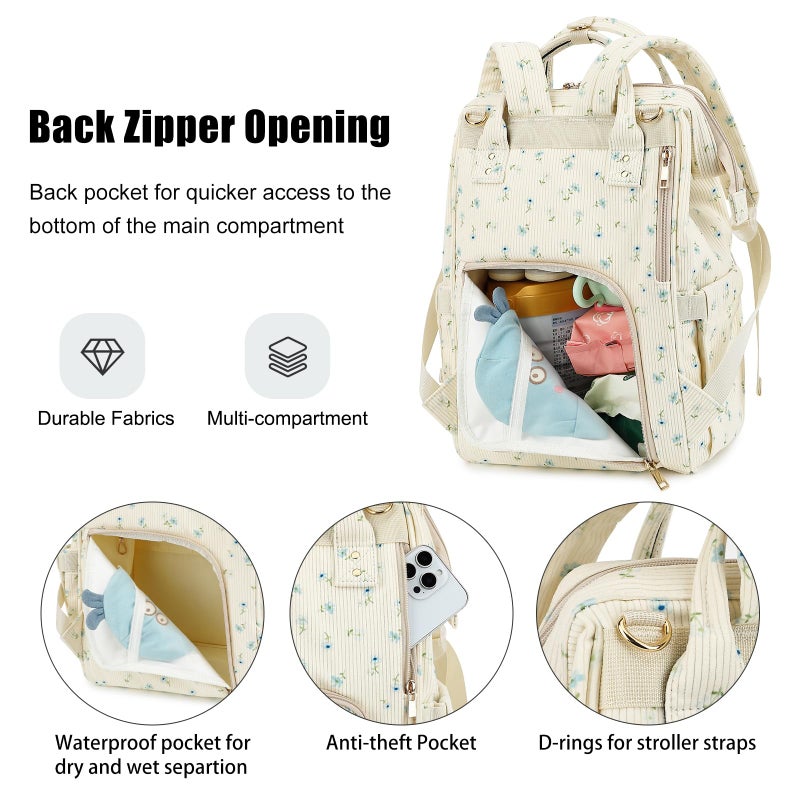 Dezcrab Baby Diaper Bag Backpack for Mom, Large Capacity Travel Nappy Bag for Boys & Girls with Stroller Straps (Corduroy Flowers Blue) - Image 4