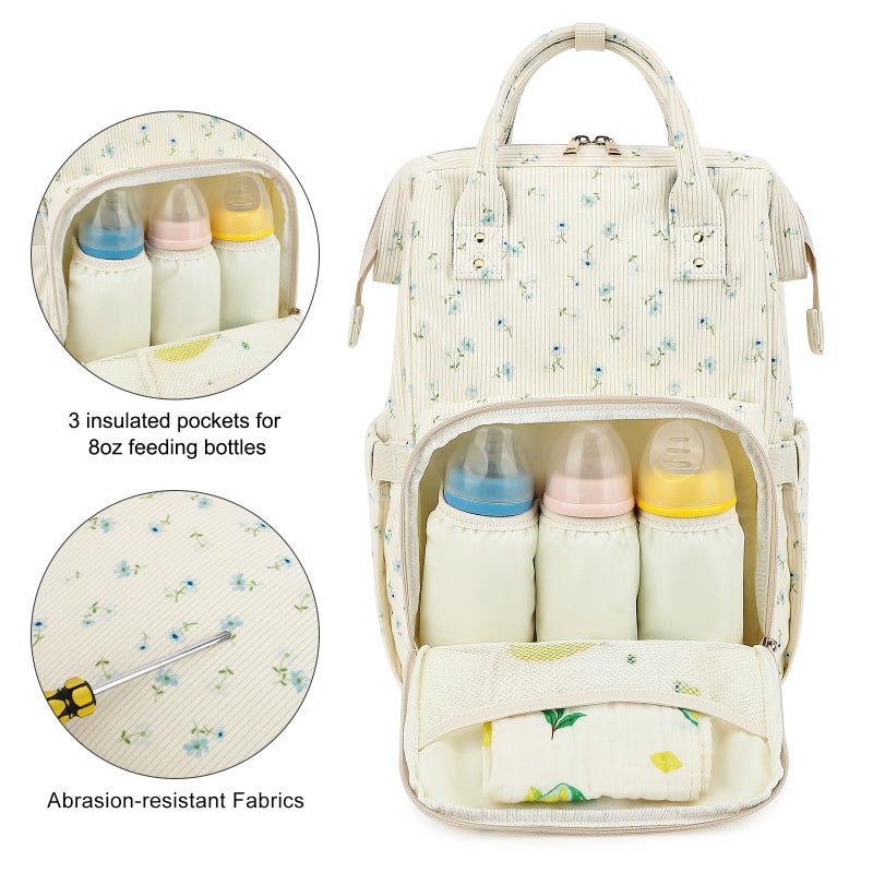 Dezcrab Baby Diaper Bag Backpack for Mom, Large Capacity Travel Nappy Bag for Boys & Girls with Stroller Straps (Corduroy Flowers Blue) - Image 3