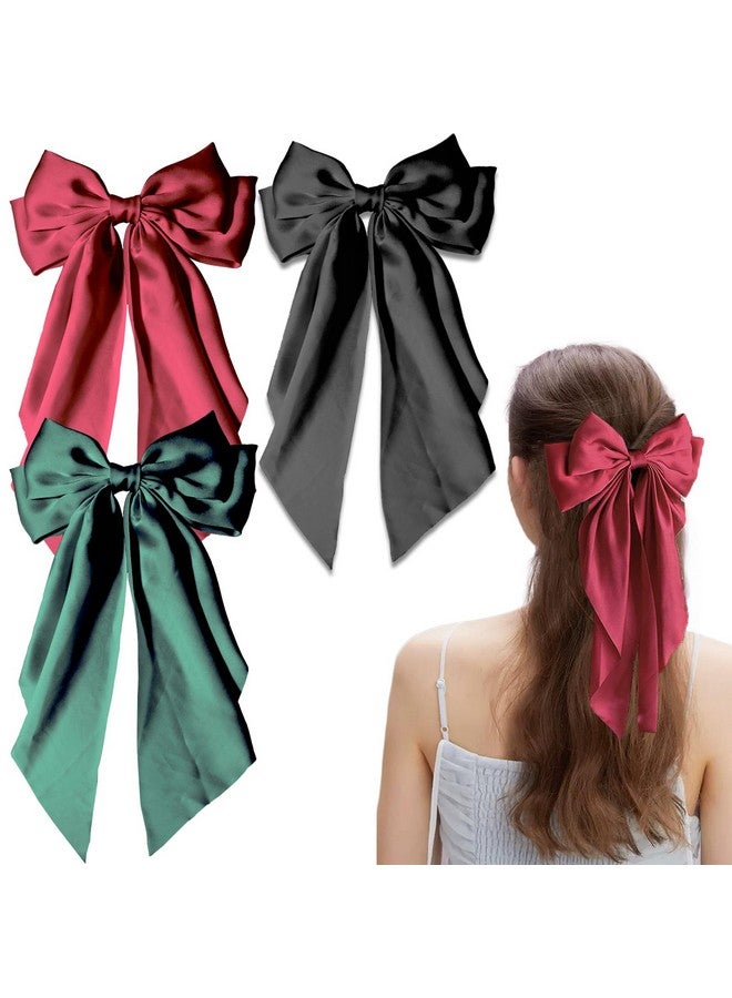 3 Pieces Large Hair Barrettes With Long Tail Bowknot Clips For Women And Girls (Red, Green, Black)