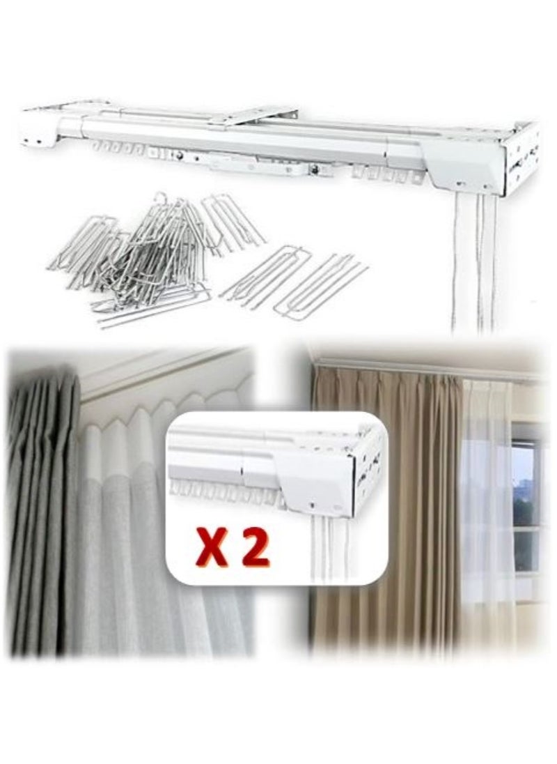 AL WADI FURNITURE Set of 2 Heavy Duty Ultra Corded Double Adjustable Extendable Traverse Curtain Rails Curtain Tracks with Curtain Hanging Pinch Pleat 4 Prongs Hooks, 112 – 210 cm, WHITE  - Image 1