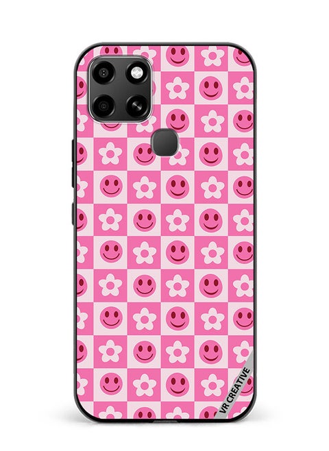 Protective Case Cover For Infinix Smart 6 Checkered Hot Pink Retro Flowers And Happy Faces Seamless Pattern Design Multicolour