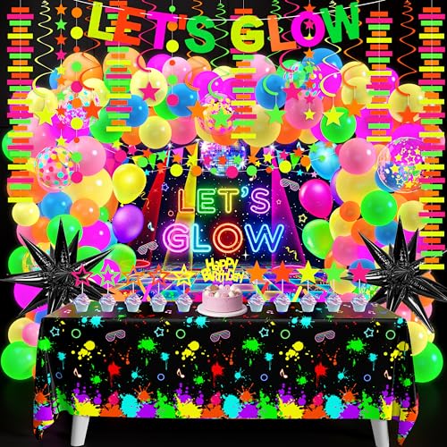 Fayoo Neon Birthday Party Decoration Glow in The Dark Party Supplies Lets Glow Backdrop Banner Neon Fluorescent Balloons Garland Arch Kit Star Hanging Swirl Black Light Reactive Glow Tape Neon Streamer - Image 1