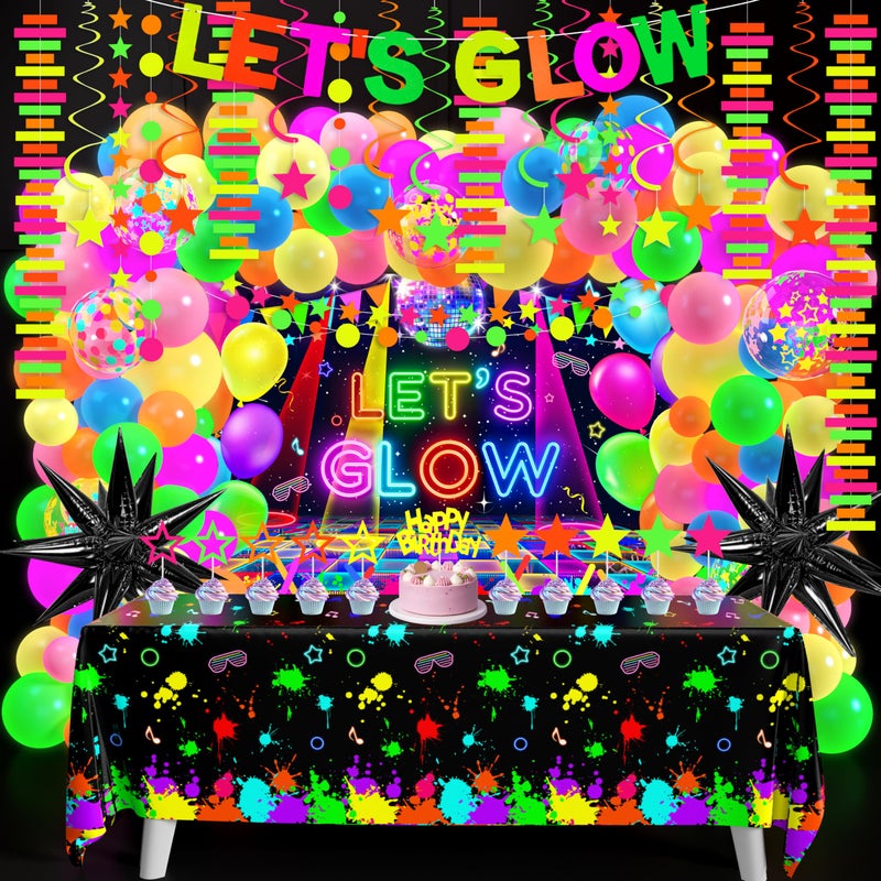 Fayoo Neon Birthday Party Decoration Glow in The Dark Party Supplies Lets Glow Backdrop Banner Neon Fluorescent Balloons Garland Arch Kit Star Hanging Swirl Black Light Reactive Glow Tape Neon Streamer - Image 2