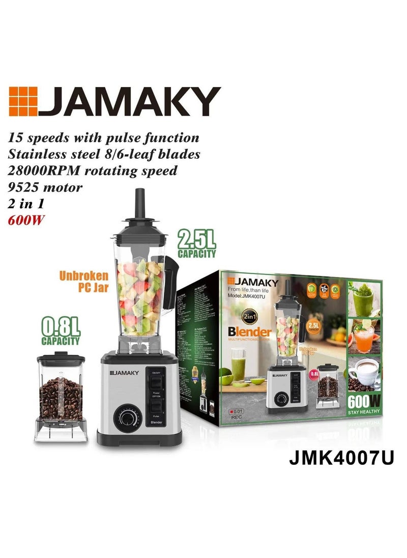 JAMAKY Italy Jamaki 2 in 1 Blender 6000W 2.5L Capacity 0.8L Grinding Bowl 15 Speed ​​Controls Overheat Protection Stainless Steel Silver 1 Year Warranty - JMK4007_ Made in Italy  - Image 4