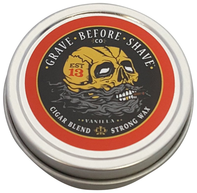 GRAVE BEFORE SHAVE Fisticuffs Cigar Blend Strong Hold Mustache Wax 1 OZ. Tin - Image 1