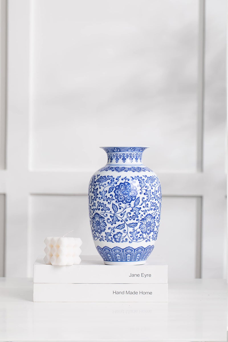 KuJaRen المزهريات الزرقاء والأبيض المزهريات الزرقاء D؟ Cor Chinoiserie Vase الأزرق والخزف الخزفي المزهرية للمنزل غرفة المعيشة رف الطاولة الموقد مركزية مركزية 9 "" - Image 3