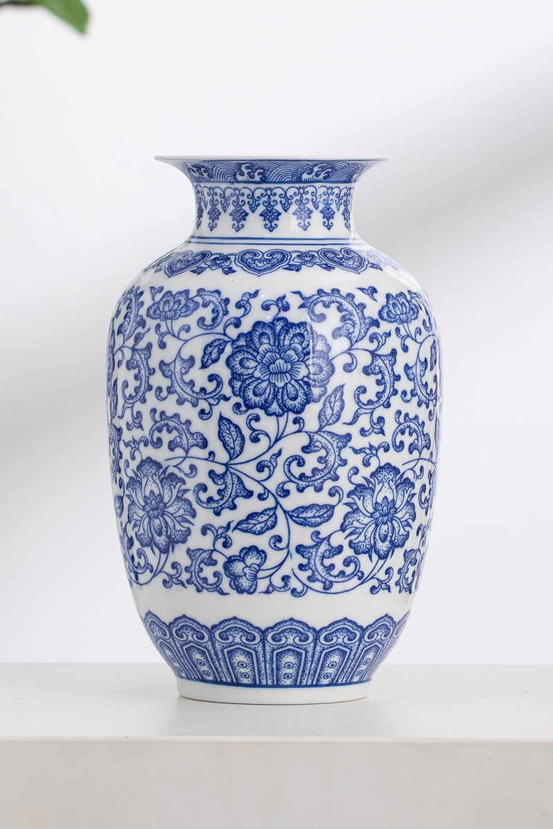 KuJaRen المزهريات الزرقاء والأبيض المزهريات الزرقاء D؟ Cor Chinoiserie Vase الأزرق والخزف الخزفي المزهرية للمنزل غرفة المعيشة رف الطاولة الموقد مركزية مركزية 9 "" - Image 5
