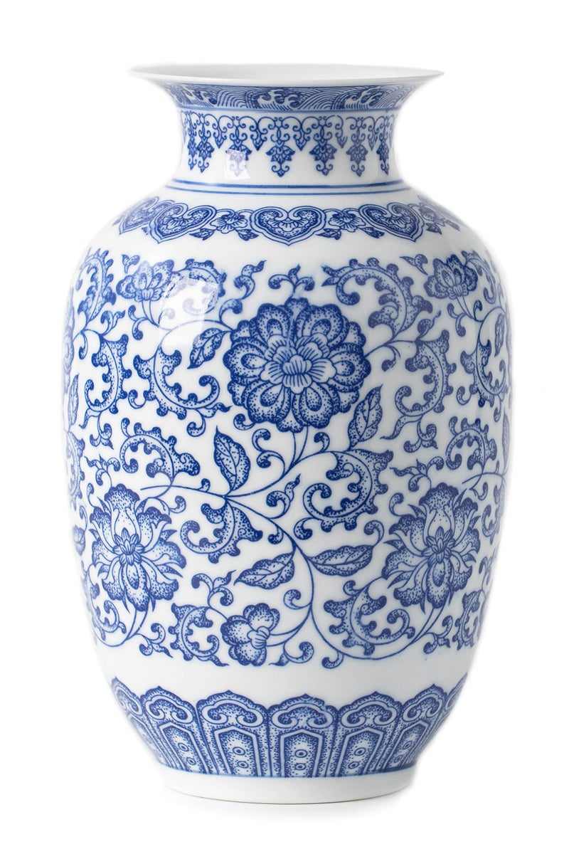 KuJaRen المزهريات الزرقاء والأبيض المزهريات الزرقاء D؟ Cor Chinoiserie Vase الأزرق والخزف الخزفي المزهرية للمنزل غرفة المعيشة رف الطاولة الموقد مركزية مركزية 9 "" - Image 1