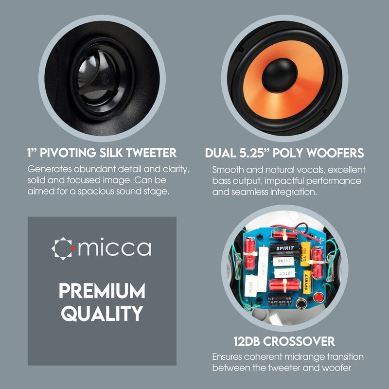 Micca M-CS Dual 5.25 Inch 2-Way in-Wall Center Channel Speaker for Home Theater, Whole House Audio, MTM LCR Design, 5.25" Poly Woofers, 1" Pivoting Silk Tweeter, White, Paintable, Each - Image 4