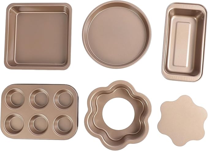6 Piece Golden Carbon Steel Bakeware Set with Loose Bottom and Non Stick Coating for Cakes and Pizzas - Image 1