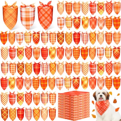 Abbylike 200 Pcs Orange Plaid Dog Bandanas Bulk Check Pattern Bandanas for Dogs Triangle Kerchief Bib Scarf for Pet Party Costume Photo Props Accessories Pet Shops Groomers Services 25 Styles - Image 1