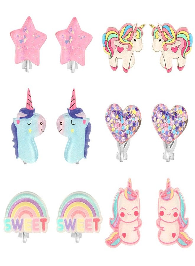 PinkSheep Unicorn Clip On Earrings for Little Girls, Bling Rainbow Earrings for Kids, 6 Pairs, Best Gift - Image 1