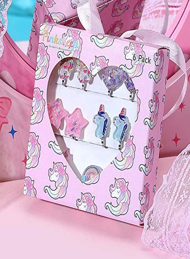 PinkSheep Unicorn Clip On Earrings for Little Girls, Bling Rainbow Earrings for Kids, 6 Pairs, Best Gift - Image 2