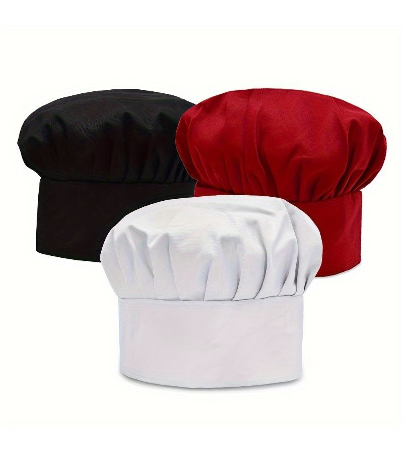 Chef Hat Set Of 3 With Black White Red Colors Adjustable Elastic Buckle Kitchen Hat - Image 5