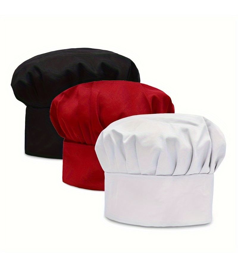 Chef Hat Set Of 3 With Black White Red Colors Adjustable Elastic Buckle Kitchen Hat - Image 2