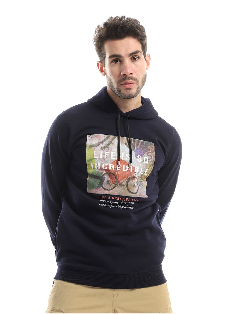 Andora - Front Printing Slip On Hoodie - Navy Blue - Image 1