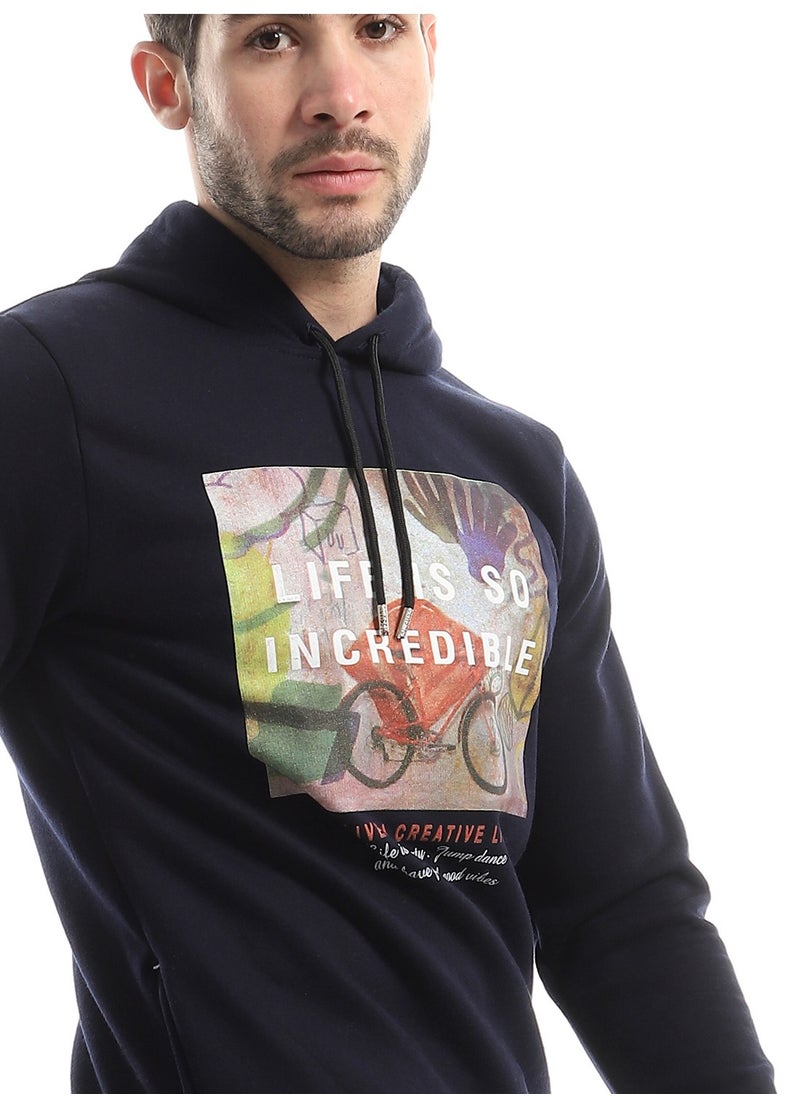 Andora - Front Printing Slip On Hoodie - Navy Blue - Image 1