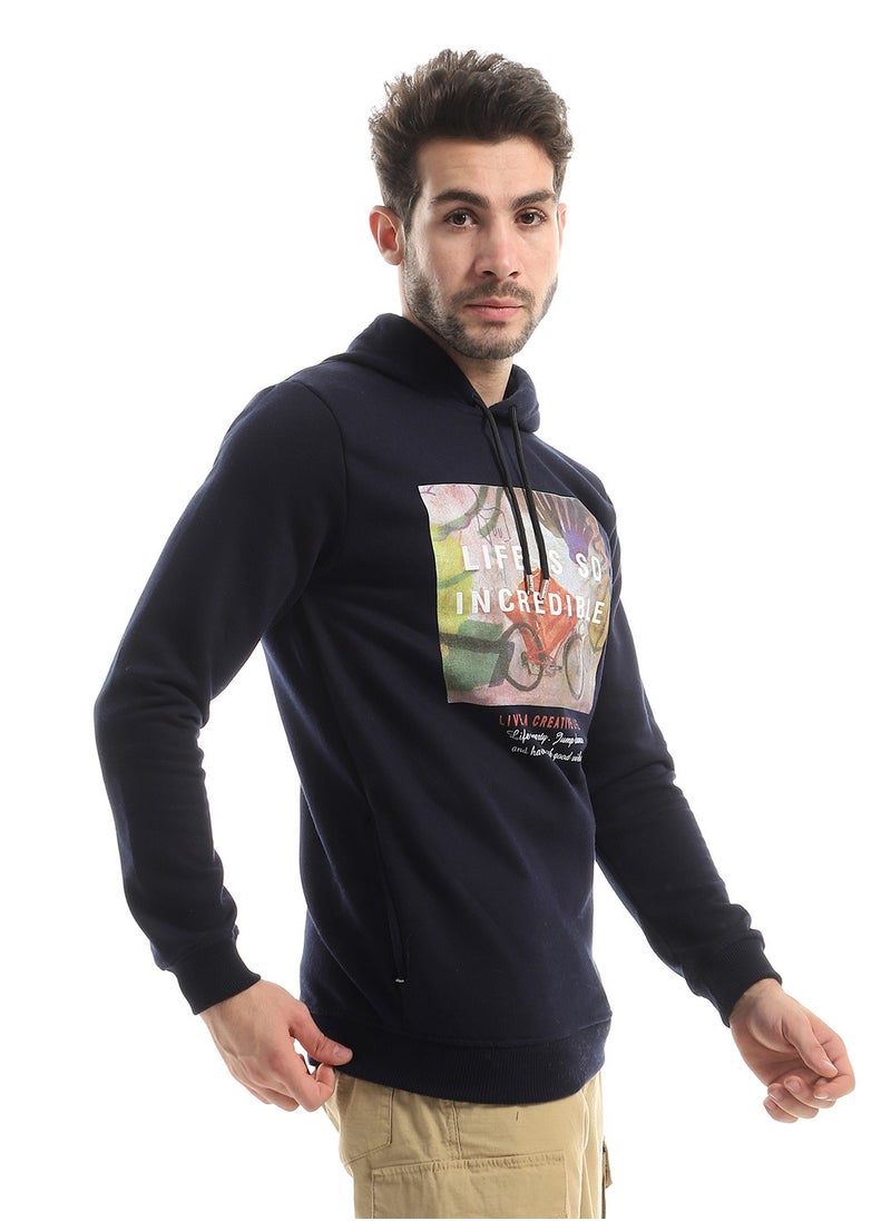 Andora - Front Printing Slip On Hoodie - Navy Blue - Image 1