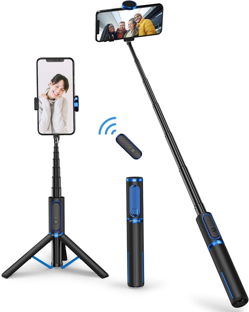 ATUMTEK Selfie Stick Tripod, 3-in-1 Extendable Aluminum Phone Tripod with Detachable Bluetooth Remote, Compatible with iPhone 17/16/15/14/13/12/11/11 Pro/XS Max/XR and Samsung Smartphones, Blue - Image 1