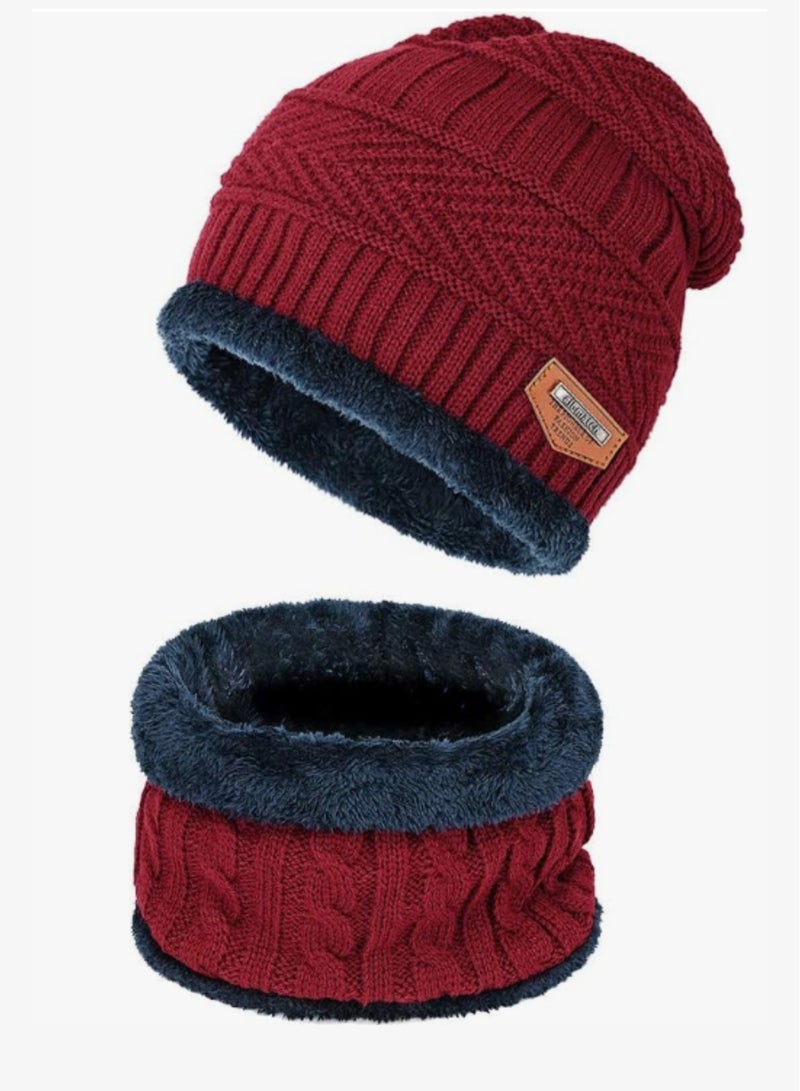 SARAOONT 2-Piece Burgundy Winter Thick Hat Beanie scarf set - Image 1