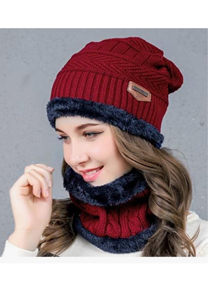 SARAOONT 2-Piece Burgundy Winter Thick Hat Beanie scarf set - Image 3