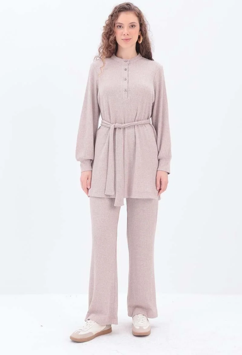 Allday Mink-Half Placket Belted Trouser Suit