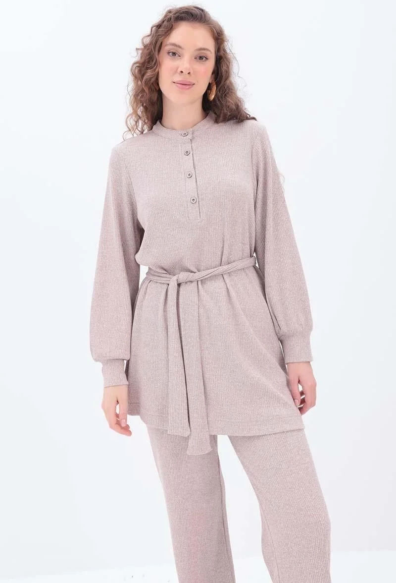 Allday Mink-Half Placket Belted Trouser Suit