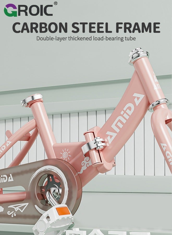 GROIC دراجة أطفال قابلة للطي على الطراز البريطاني، دراجة أطفال 12" مع سلة، حامل مقعد، عجلات تدريب ومكابح مزدوجة، دراجة رياضية للأطفال من 3 سنوات فما فوق للبنات والأولاد - وردي - Image 3