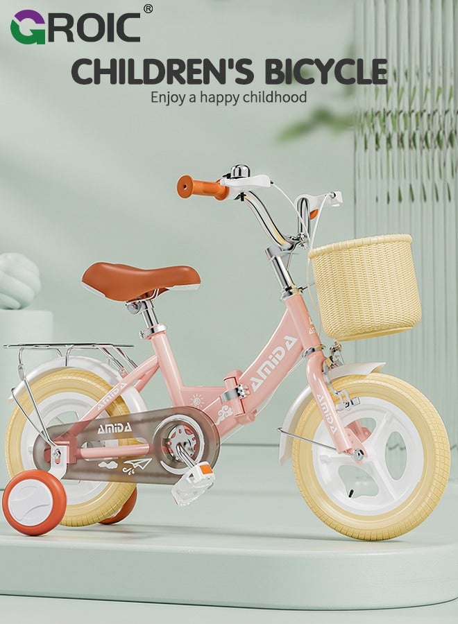 GROIC دراجة أطفال قابلة للطي على الطراز البريطاني، دراجة أطفال 12" مع سلة، حامل مقعد، عجلات تدريب ومكابح مزدوجة، دراجة رياضية للأطفال من 3 سنوات فما فوق للبنات والأولاد - وردي - Image 2