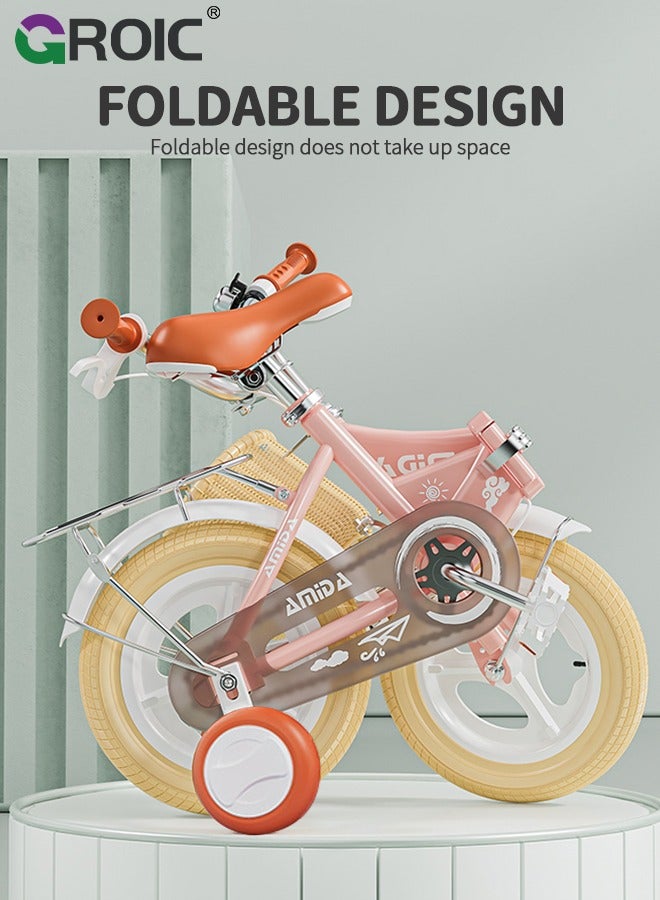 GROIC دراجة أطفال قابلة للطي على الطراز البريطاني، دراجة أطفال 12" مع سلة، حامل مقعد، عجلات تدريب ومكابح مزدوجة، دراجة رياضية للأطفال من 3 سنوات فما فوق للبنات والأولاد - وردي - Image 4