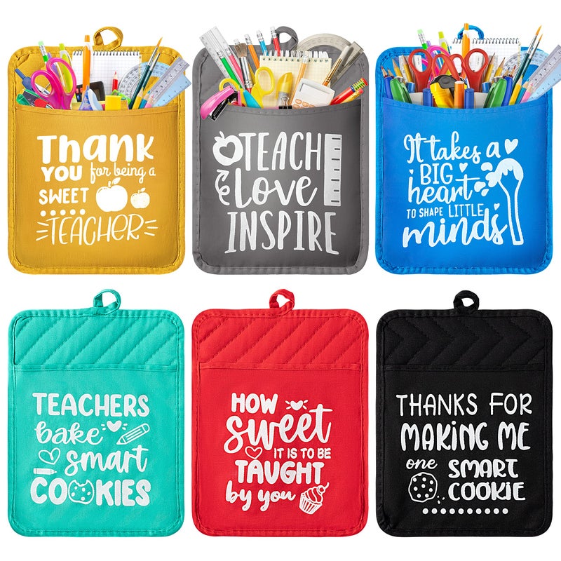 R HORSE 6Pcs Pot Holders with Pocket Funny Cookie Bag Pot Holder Gift Set Machine Washable Heat Resistant Oven Mitts Hot Pads Thank You Teacher Present Baking Cooking Teacher Appreciation Day Gift