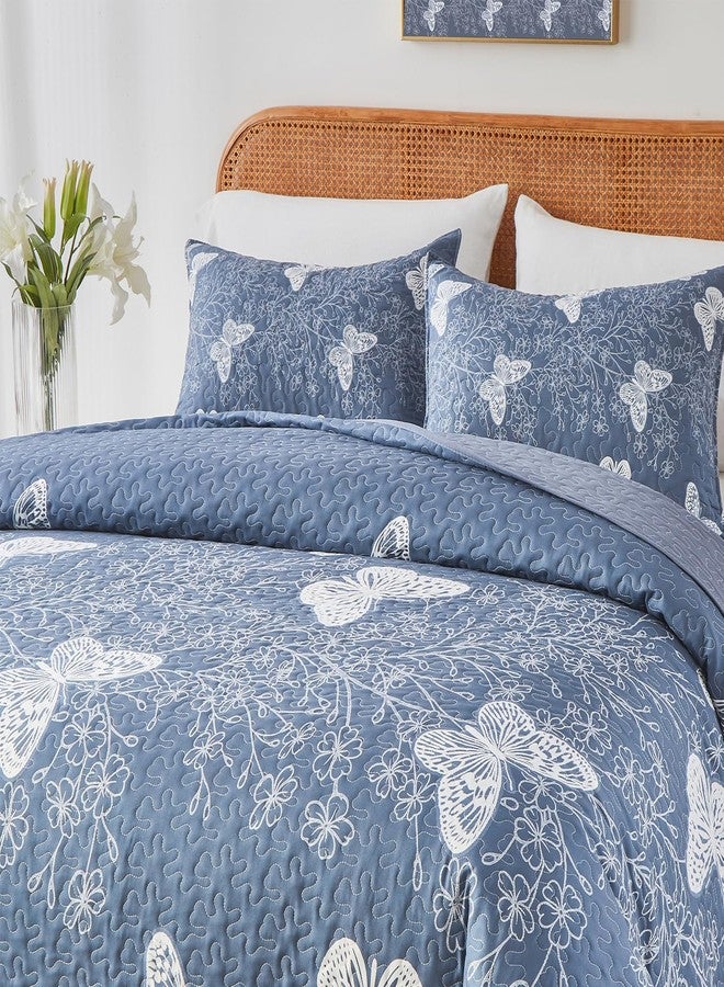 Yogeneg Full Queen Size Quilt Set,White Butterfly Botanical Pattern Blush Grey Bedding Set,3 Piece Lightweight Soft Summer Bedspread Coverlet with 2 PIillow Sham for All Season(Butterfly,90"x96") - Image 2