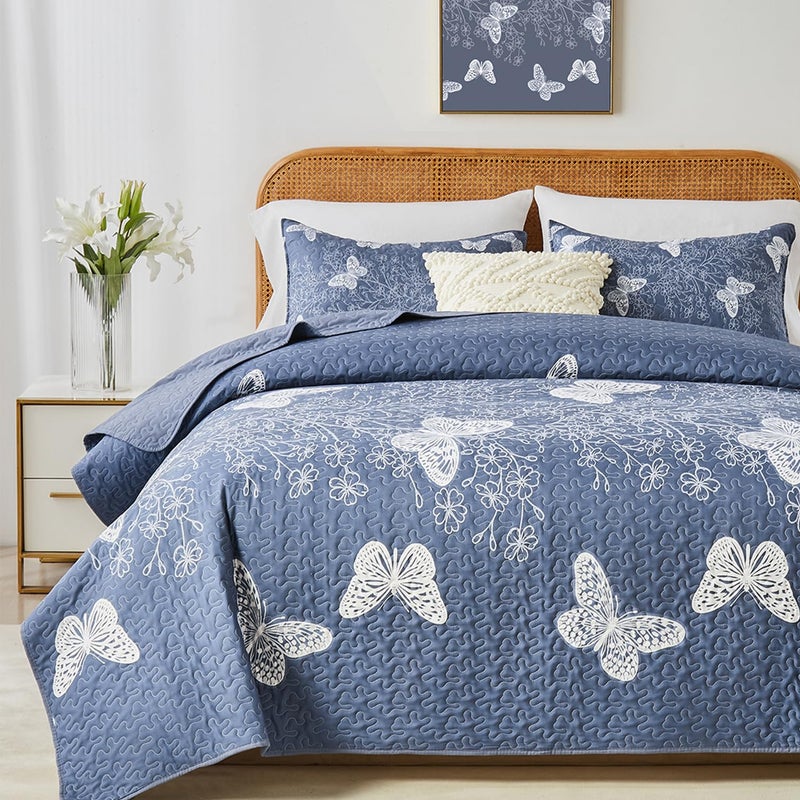 Yogeneg Full Queen Size Quilt Set,White Butterfly Botanical Pattern Blush Grey Bedding Set,3 Piece Lightweight Soft Summer Bedspread Coverlet with 2 PIillow Sham for All Season(Butterfly,90"x96") - Image 1