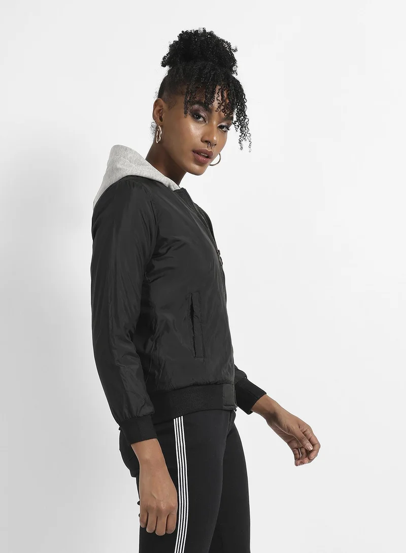 Campus Sutra Women's Black Zip-Front Bomber Jacket With Contrast Hood