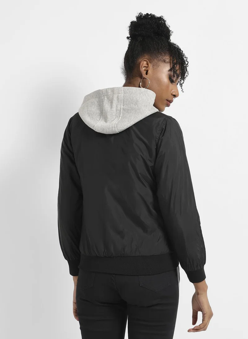 Campus Sutra Women's Black Zip-Front Bomber Jacket With Contrast Hood