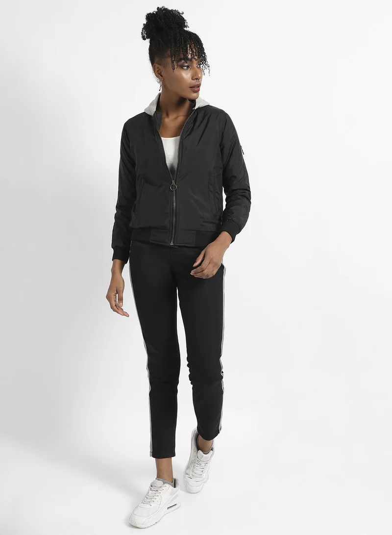Campus Sutra Women's Black Zip-Front Bomber Jacket With Contrast Hood