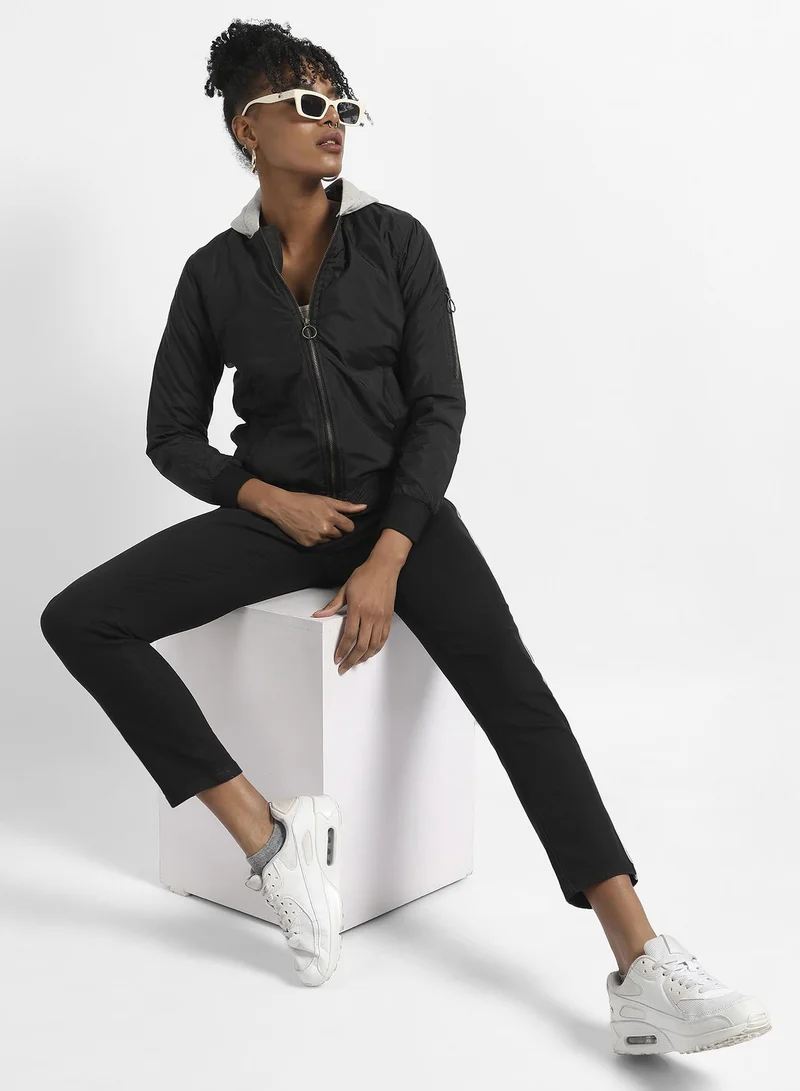 Campus Sutra Women's Black Zip-Front Bomber Jacket With Contrast Hood