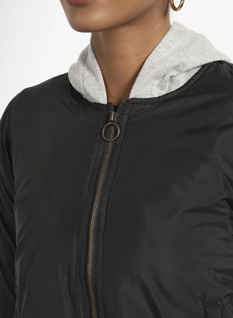 Campus Sutra Women's Black Zip-Front Bomber Jacket With Contrast Hood