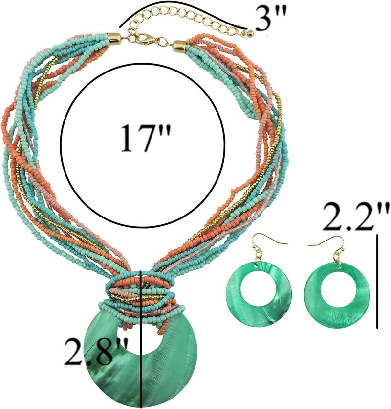Coiris Multi Strand Statement Colorful Beaded Necklace with Big Circle Shell Pendant for Women - Image 2